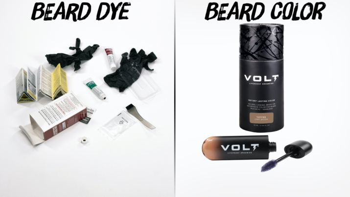 image with beard dye products on left with text Beard Dye and Volt beard color on right with text Beard Color