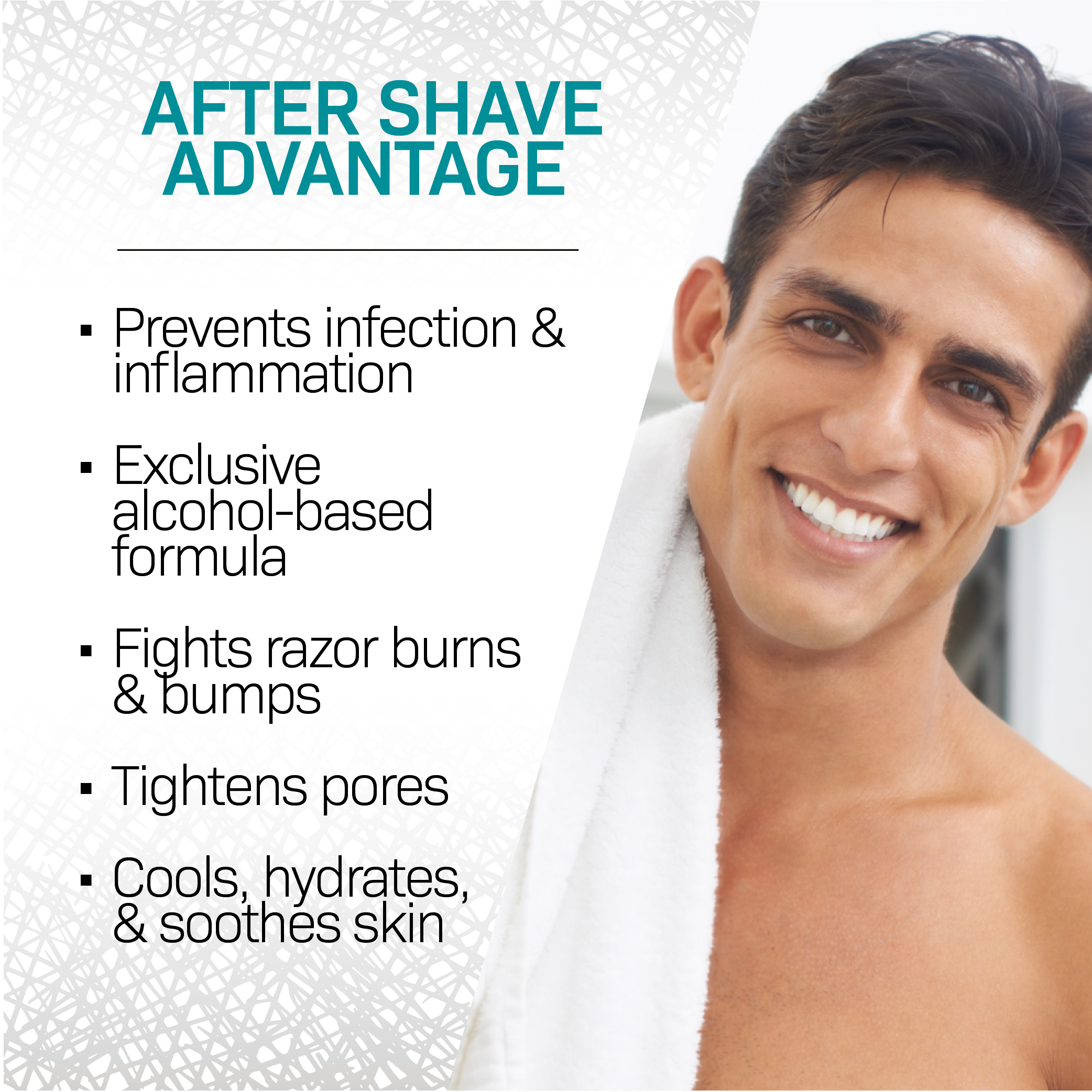 Volt Aftershave Advantages Young man shaving and using VOLT After Shave