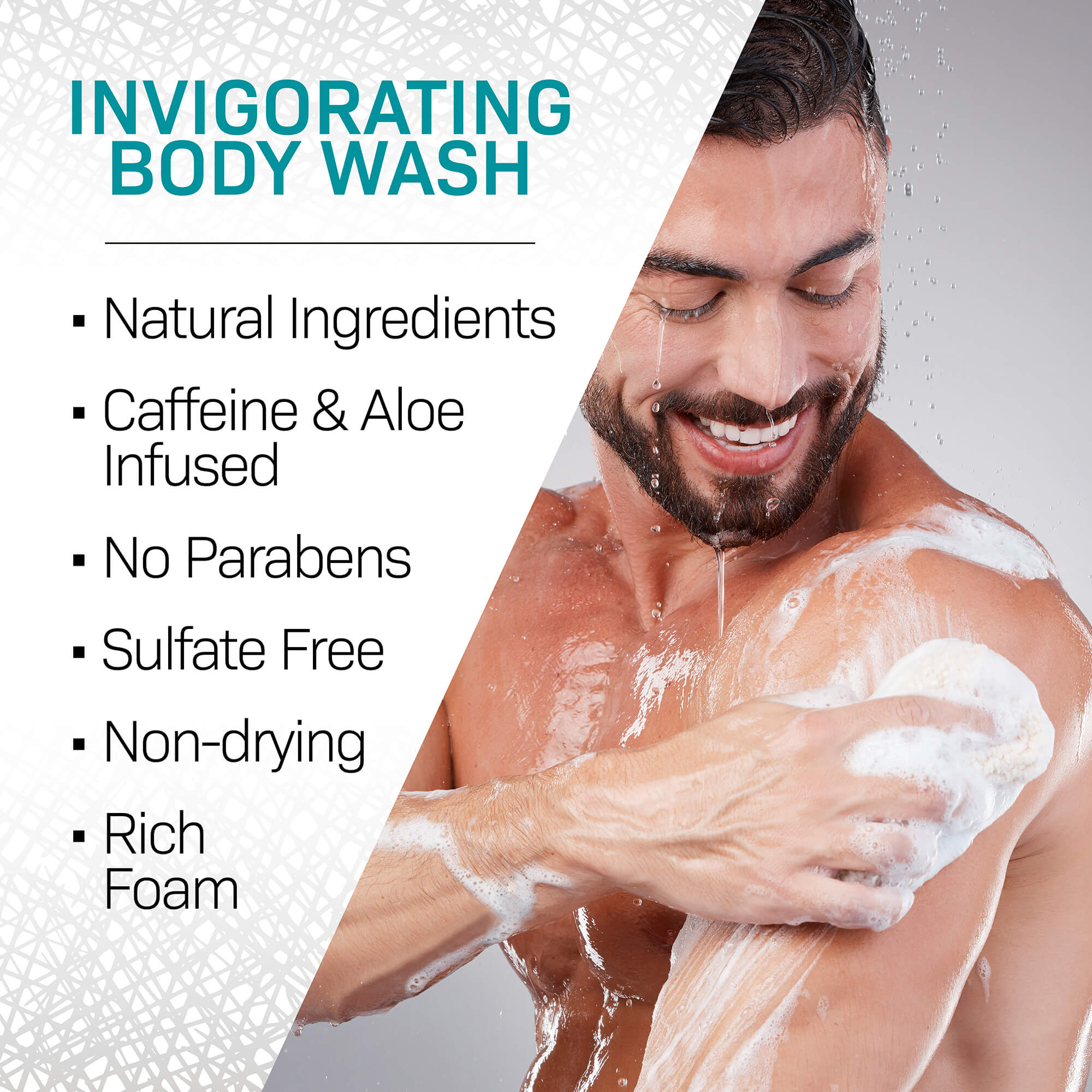 image of man showering with text Body Wash Advantage, with a list of advantages below
