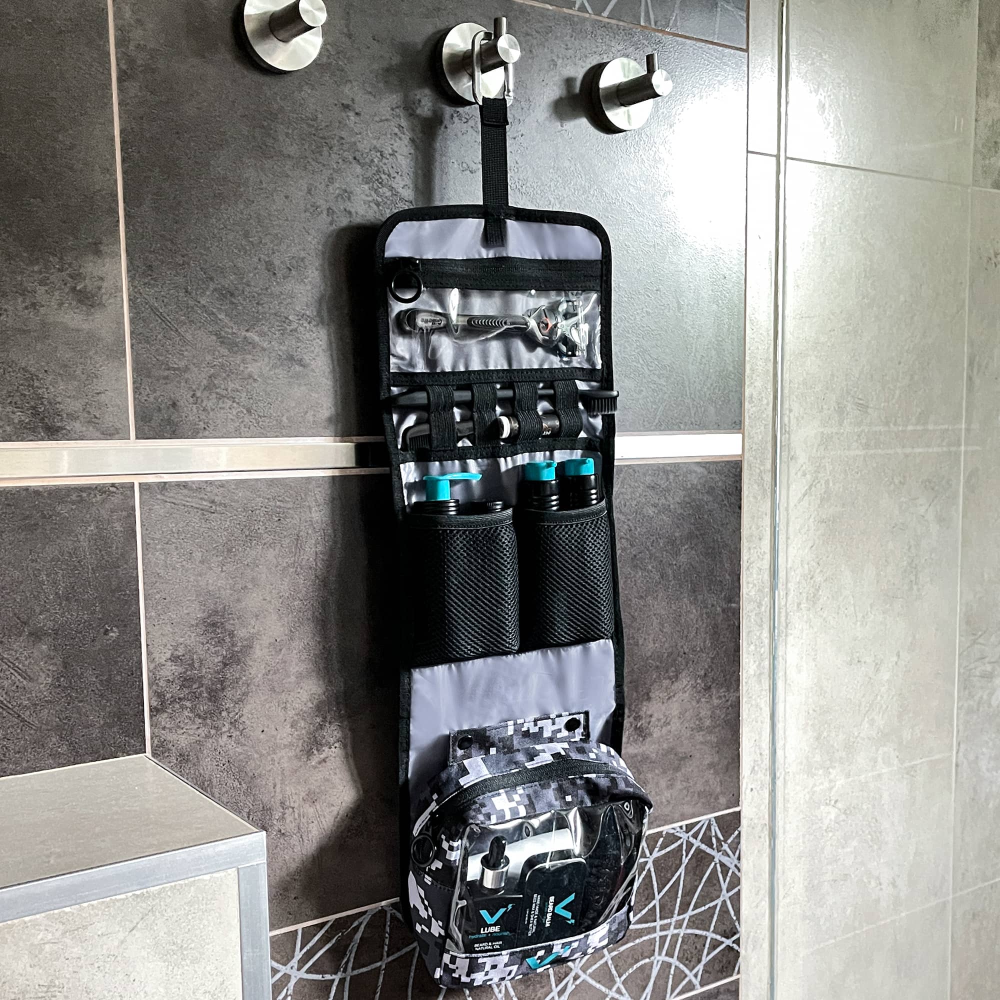 image of Volt Go Pack open and hanging in shower